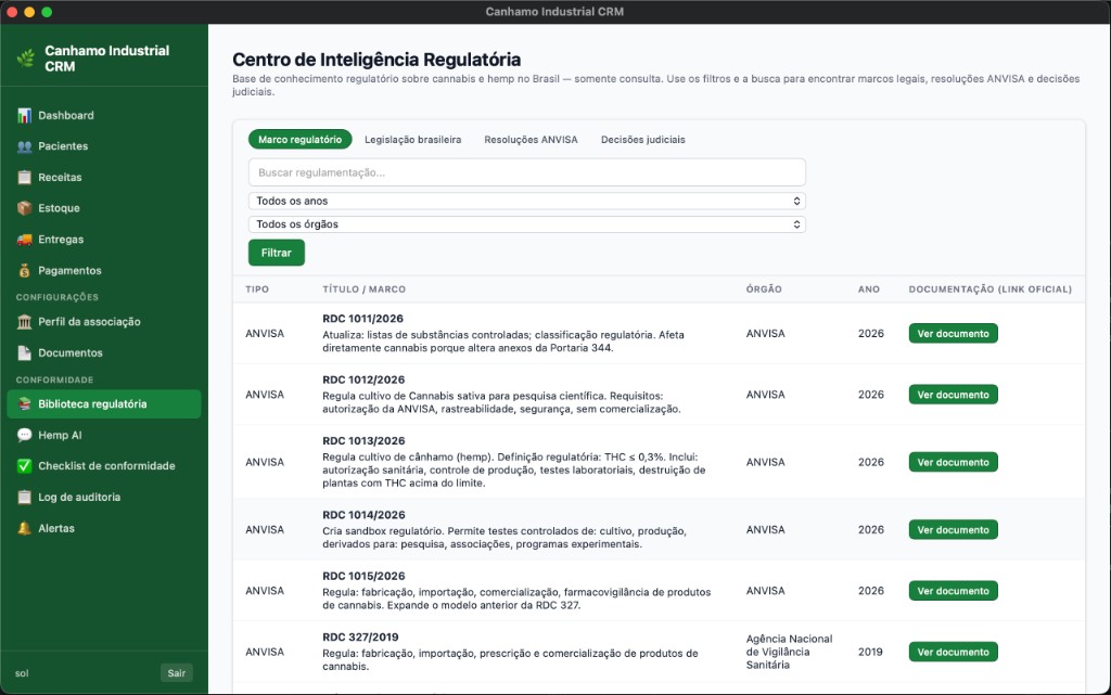 Centro de Inteligência Regulatória no Canhamo Industrial CRM — base de conhecimento sobre cannabis e hemp no Brasil, filtros e busca por marcos legais e resoluções ANVISA.