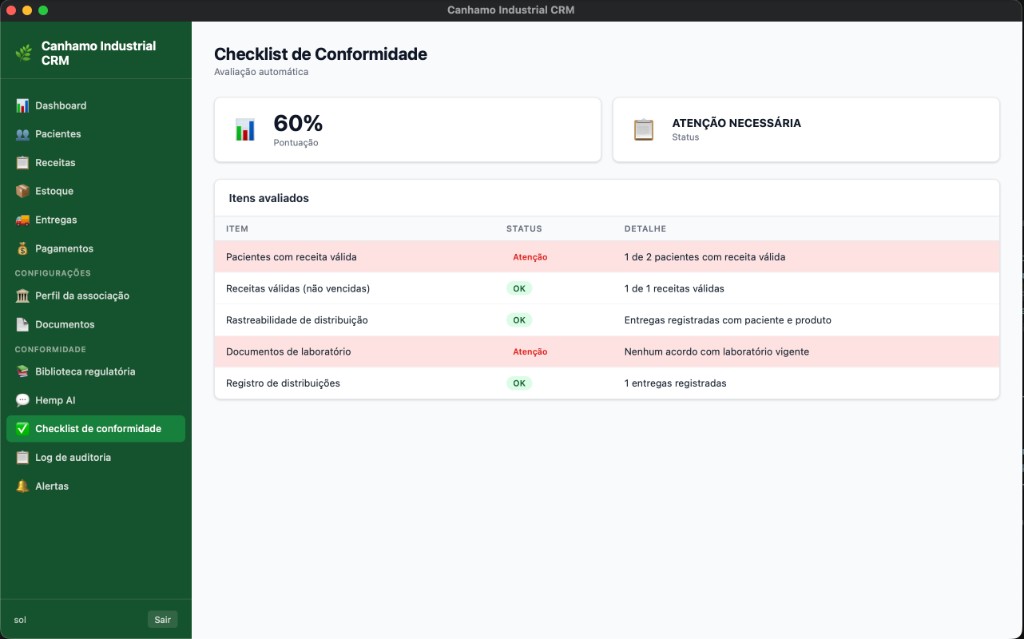 Checklist de Conformidade no Canhamo Industrial CRM — avaliação automática de itens como receitas válidas, rastreabilidade e documentos de laboratório.