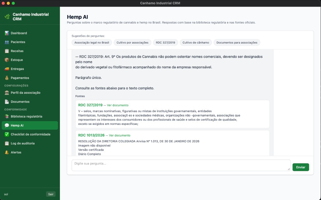 Tela da Hemp AI no Canhamo Industrial CRM — perguntas sobre o marco regulatório com respostas baseadas na biblioteca e fontes oficiais.